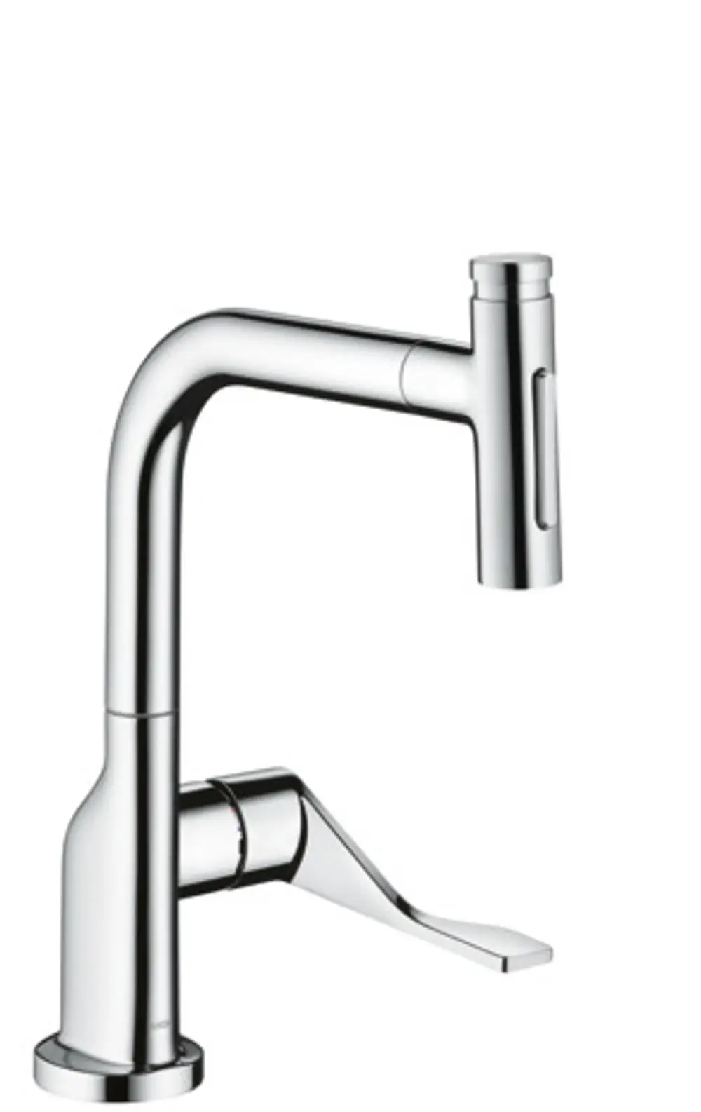 Küchenarmatur von AXOR mit Ausziehbrause und zwei Strahloptionen in verchromtem Finish. Der Auslauf hat eine geschwungene Form und einen seitlichen Hebel für die Bedienung.